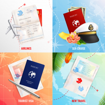 Travel by air and sea 2x2 advertising design concept with biometric passport mockups  and visa stamp realistic icons Free Vector