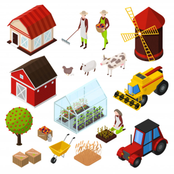 Organic farming products isometric icons set with isolated images of agrimotors buildings farm animals and plants Free Vector