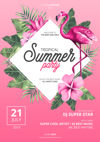 Tropical summer party poster template with pink flamingo Free Psd