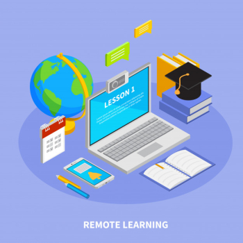 Online education concept with remote learning symbols isometric   illustration Free Vector