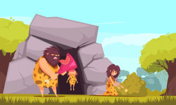 Primitive man cartoon with caveman family dressed in animal pelts eating meat near their cave Free Vector