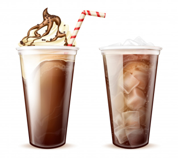 Frappe coffee, cola with ice cubes in plastic cups Free Vector