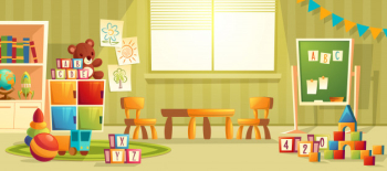 Vector cartoon illustration of empty kindergarten room with furniture and toys for young children. n Free Vector