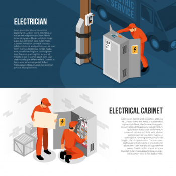 Electrician service isometric horizontal banners with information on switch cabinet panel control and replacing vector illustration Free Vector