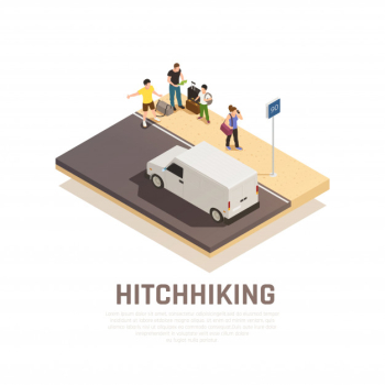 Group of people with baggage on road for hitchhiking travel isometric composition Free Vector