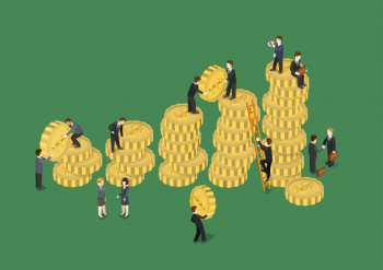 Business concept financial growth isometric   illustration businessmen adding coins construction statistics data graphic with money heaps. creative people collection. Free Vector