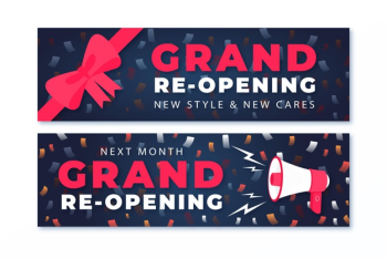 Bows and megaphone grand re-opening banner Free Vector