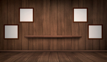 Interior of wooden room with shelf and frames Free Vector
