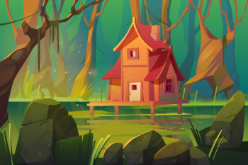 Wooden mystic stilt house above swamp in forest Free Vector
