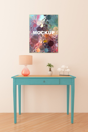 Frame mockup above little table Free Psd