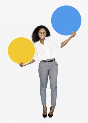 Cheerful woman holding colorful round boards Free Psd