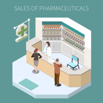 Isolated pharmaceutical production composition with sales of pharmaceuticals headline and pharmacy corner  illustration Free Vector