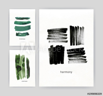 Collection of modern poster or flyer templates with abstract green and black brush strokes, watercolor paint traces or smears on white background