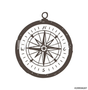 Magnetic compass hand drawn with black contour lines on white background