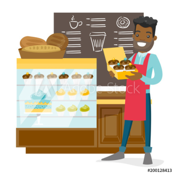Young african-american worker of the bakery standing near the counter with cakes and offering pastry