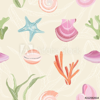 Colorful seamless pattern with seashells, starfish, molluscs, corals and seaweed on light background