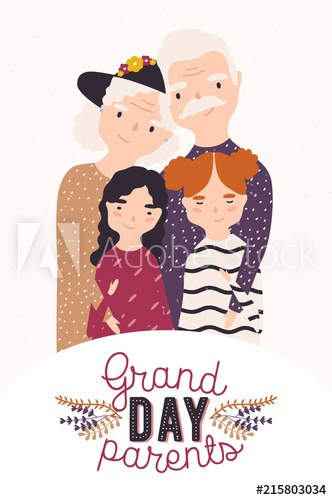 Elegant elderly couple embracing their grandchildren