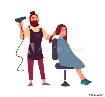Adorable friendly bearded male hairdresser blow-dry with hairdryer hair of his smiling female client sitting in chair isolated on white background