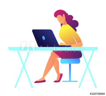 Female programmer working on laptop at her office desk vector illustration