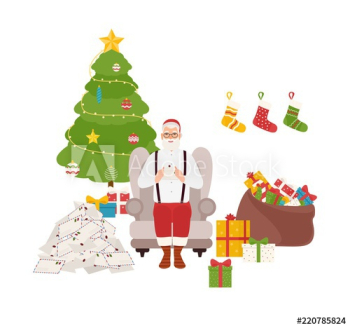 Smiling Santa Claus sitting in comfy armchair beside decorated Christmas tree and bag full of gifts and reading kids' letters