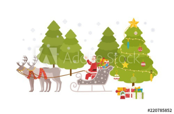 Happy Santa Claus sits in sleigh carried by reindeers and rides through snowy forest at Christmas eve to deliver gifts to children