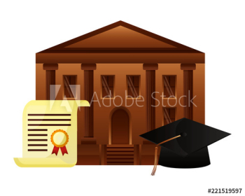 diploma graduation with hat and school building