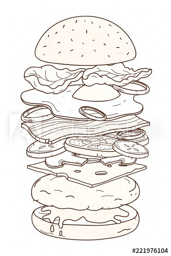 Delicious hamburger with layers or ingredients hand drawn with contour lines on white background