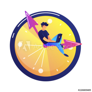 Programmer working on laptop sitting on the hand in a big clock vector illustration