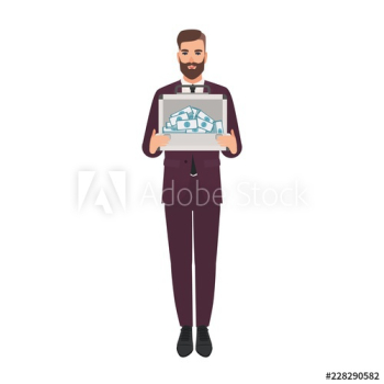Bearded man dressed in elegant business suit holding briefcase full of money