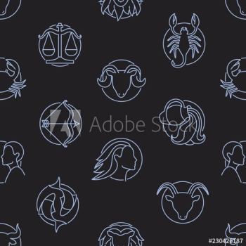 Monochrome seamless pattern with Zodiac signs drawn with contour lines on black background