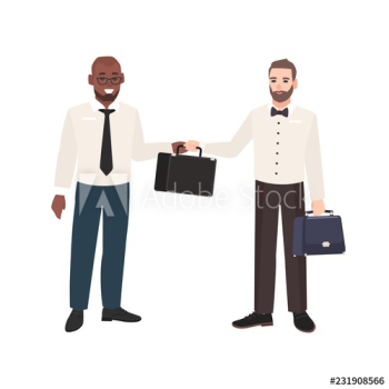 Smiling bearded man passing briefcase to his business partner isolated on white background