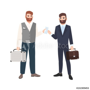 Bearded man passing envelope to his business partner or colleague isolated on white background