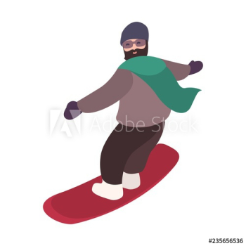 Happy bearded snowboarder dressed in outerwear riding snowboard along slope