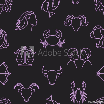 Seamless pattern with astrological signs drawn with contour lines on black background