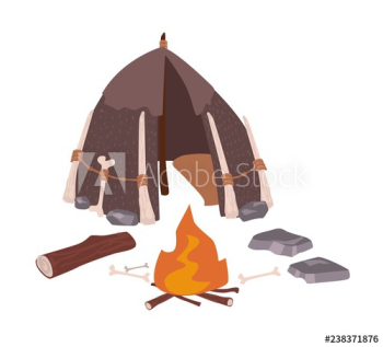 Primitive house or archaic prehistoric dwelling of cavemen and bonfire isolated on white background