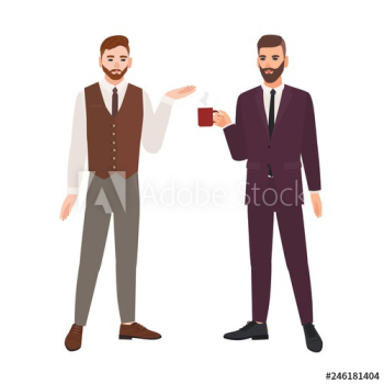 Pair of bearded men dressed in business clothes or male office workers talking and drinking coffee
