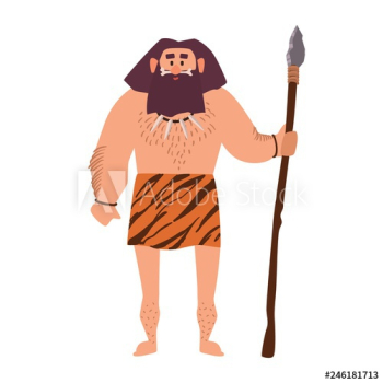Primitive archaic man wearing loincloth made of animal skin and holding spear