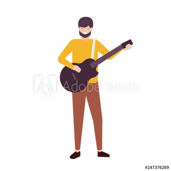 Bearded man playing guitar and singing