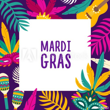 Mardi Gras background with square frame decorated by exotic palm tree leaves, carnival masks, maracas, guitar