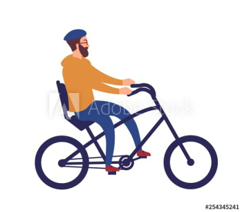 Bearded man in helmet riding stylish chopper bicycle