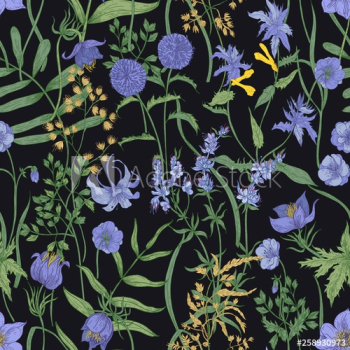 Floral seamless pattern with flowering herbaceous plants and wildflowers