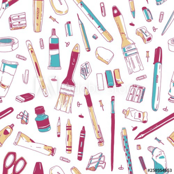 Seamless pattern with stationery, art and office tools, school supplies on white background