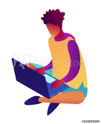 Businessman sitting on floor and working at laptop, tiny people isometric 3D illustration