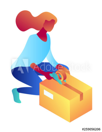 Businesswoman packing and taping cardboard box with adhesive tape, tiny people isometric 3D illustration