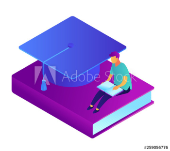 Male student reading and sitting on the book at academic cap, tiny people isometric 3D illustration