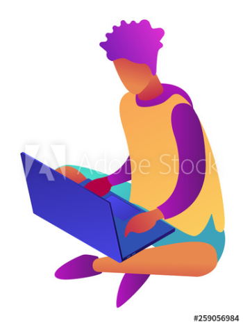 Young businessman sitting cross-legged and working at laptop, tiny people isometric 3D illustration