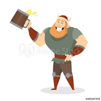 Funny happy viking standing with a big mug full of beer