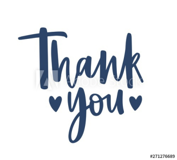 Thank You word handwritten with cursive calligraphic font and decorated by hearts on white background
