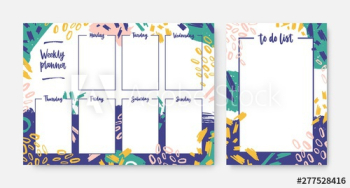 Collection of weekly planner and to-do-list templates with frame decorated by bright colored brush strokes and scribble
