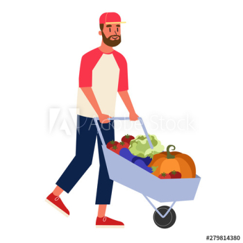 Happy male farmer pushing wheelbarrow full of vegetable